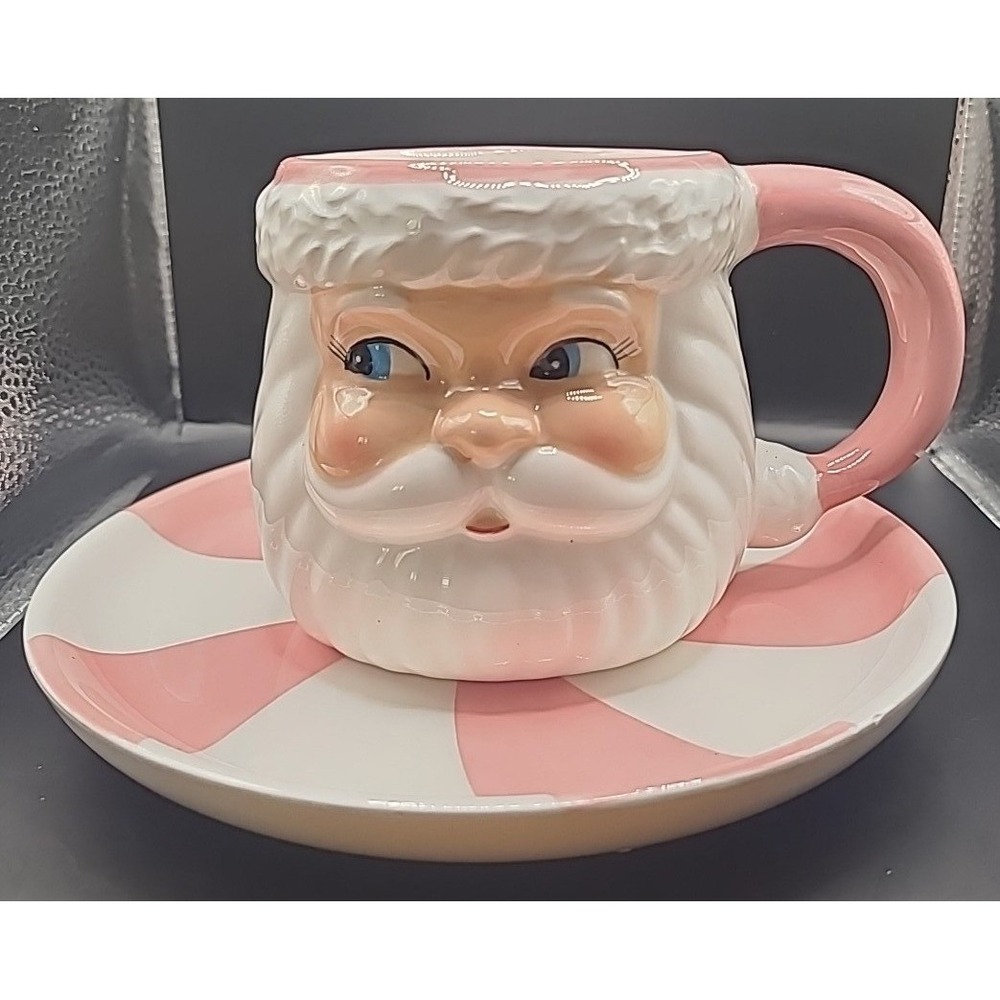 Sleigh Bell Bistro Santa Mug and Saucer Set Pink White Peppermint Holiday Decor